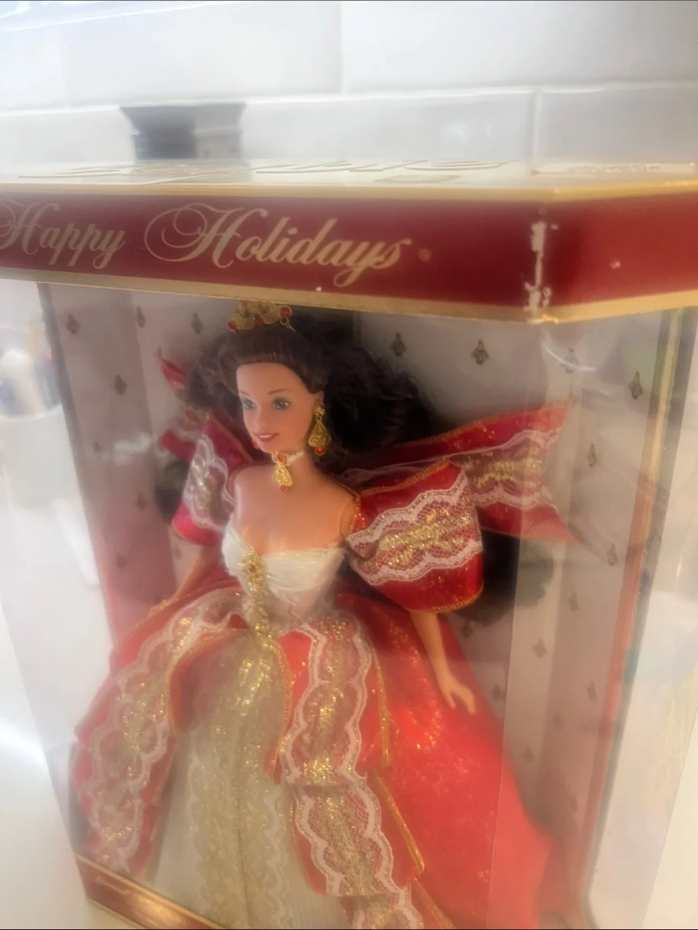Barbie 1997 Happy Holidays Red Gold Holiday Gown Never Opened
